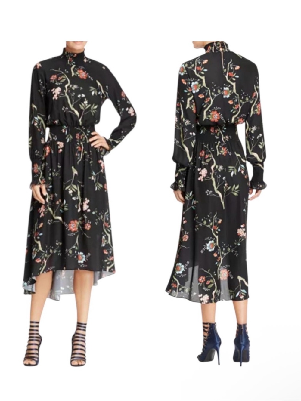 Nanette Lepore Women's Floral High-Neck Long-Sleeve Midi Dress